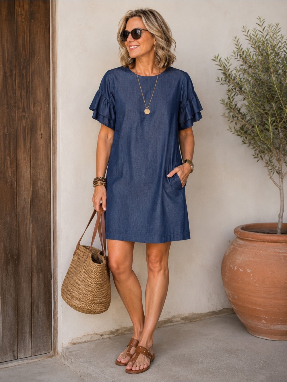 NYC Blue Chambray Style Shift Dress w/Pockets Size Large